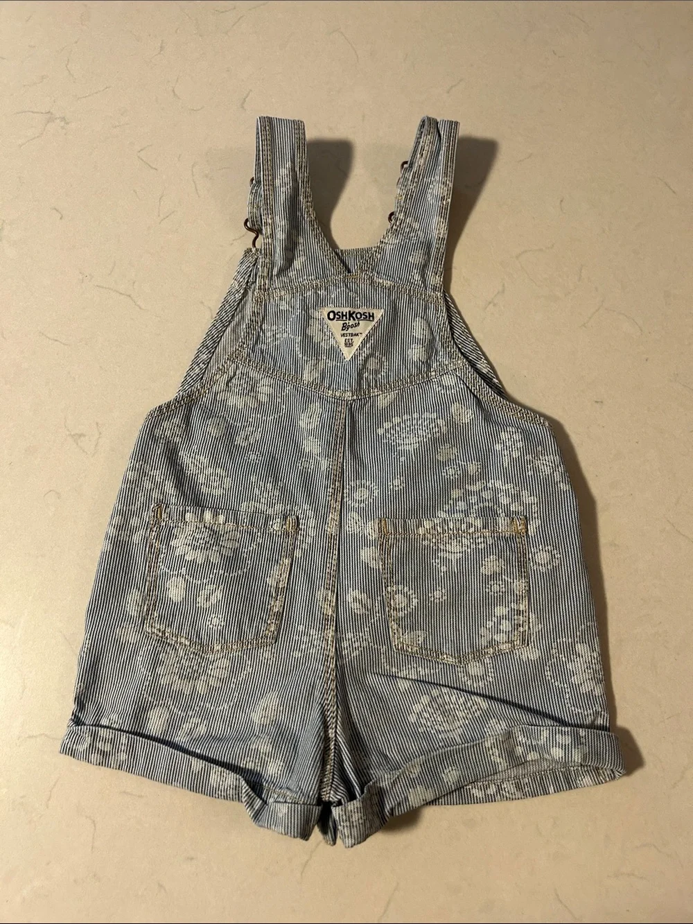 OshKosh B'gosh Gray Tee with Yellow Logo + Blue Plaid & Floral Overalls Set